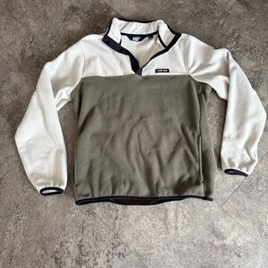 Lands End Mens Medium 1/4 Snap White & Green Long Sleeve Fleece Pullover Sweater